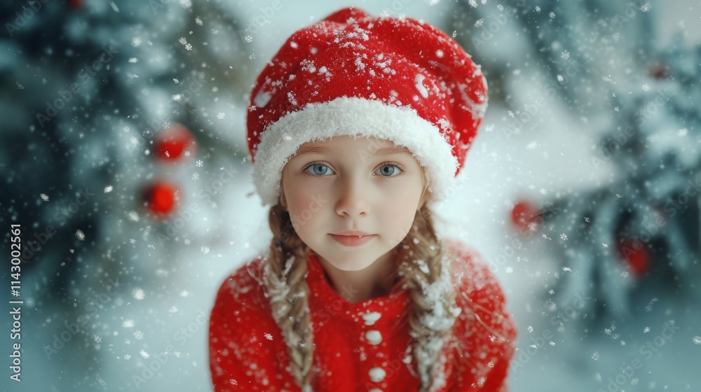 Child wearing a red holiday outfit and Santa hat poses for a portrait surrounded by falling snow Child wearing a red holiday outfit and Santa hat poses for a portrait surrounded by falling snow