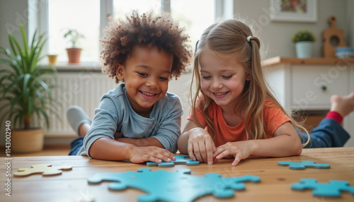Happy children assembling puzzle together on wooden floor at home