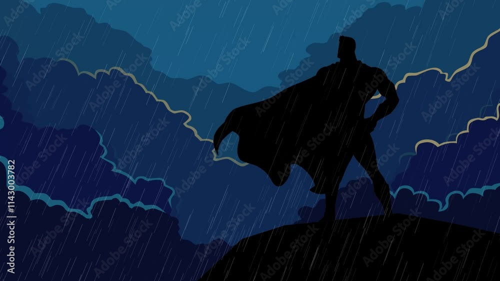 American superhero standing tall atop a rock, surrounded by dramatic storm clouds and striking lightning. Perfect for themes of strength, courage, and resilience