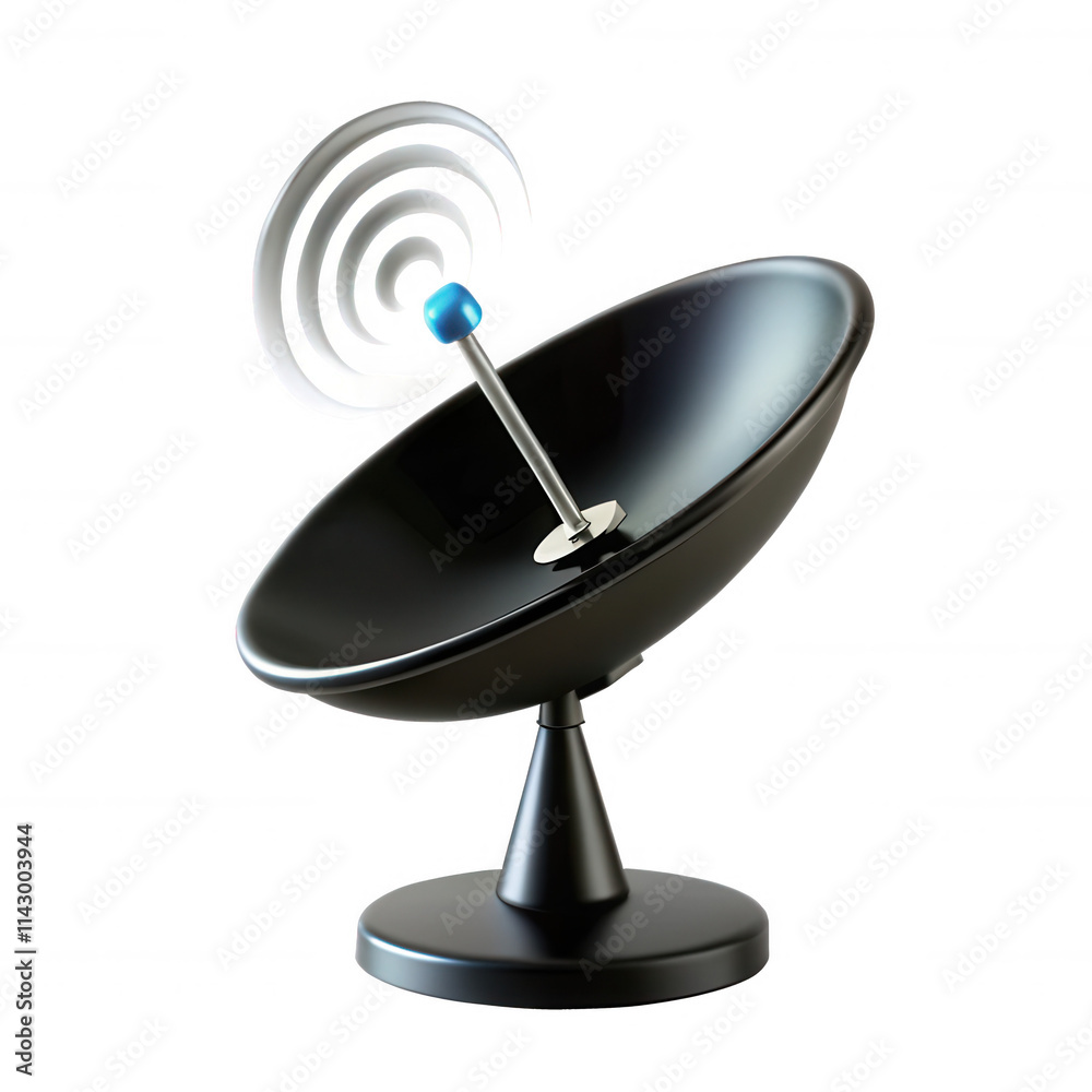 A 3D rendering of a satellite dish with a sleek black design and a blue signal emitter. Perfect for showcasing technology in graphics. A 3D rendering of a satellite dish with a sleek black design and a blue signal emitter. Perfect for showcasing technology in graphics.