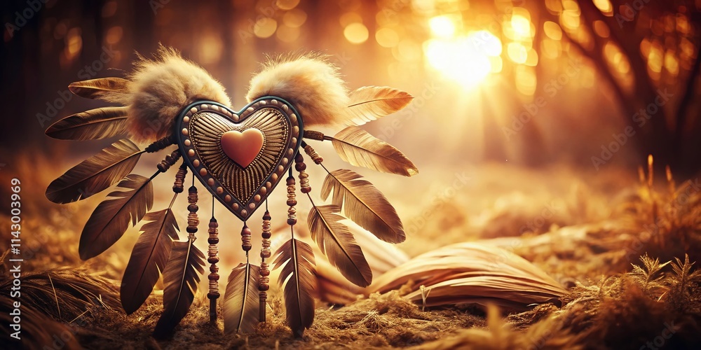 Obraz premium Vintage Native American Love Symbol Photography: Heart, Arrow, Dreamcatcher, Spiritual, Romantic, Tribal, Indigenous, Ancient, Authentic, Cultural Heritage