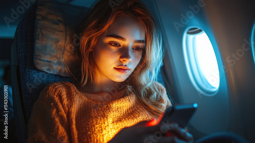 A woman passenger sitting in her airplane seat on a red-eye overnight flight, browsing the internet on her mobile phone, illuminated by the soft glow of the phone screen. photo