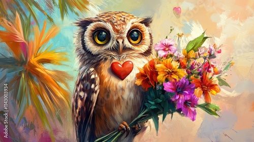 A charming owl cradles a bouquet filled with vivid flowers, showcasing a heart in a whimsical, colorful setting that evokes warmth and affection. Generative AI photo