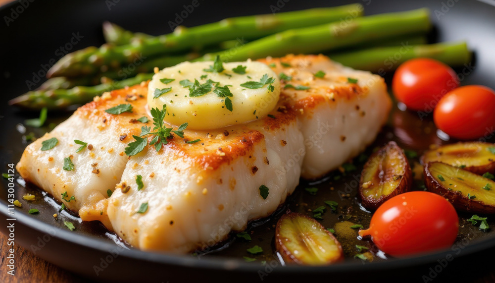 Close-up of pan-seared red snapper fillet with herb-infused butter, roasted vegetables