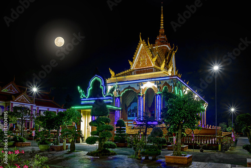 A Khmer pagoda in Tra Vinh, on a moonlit night