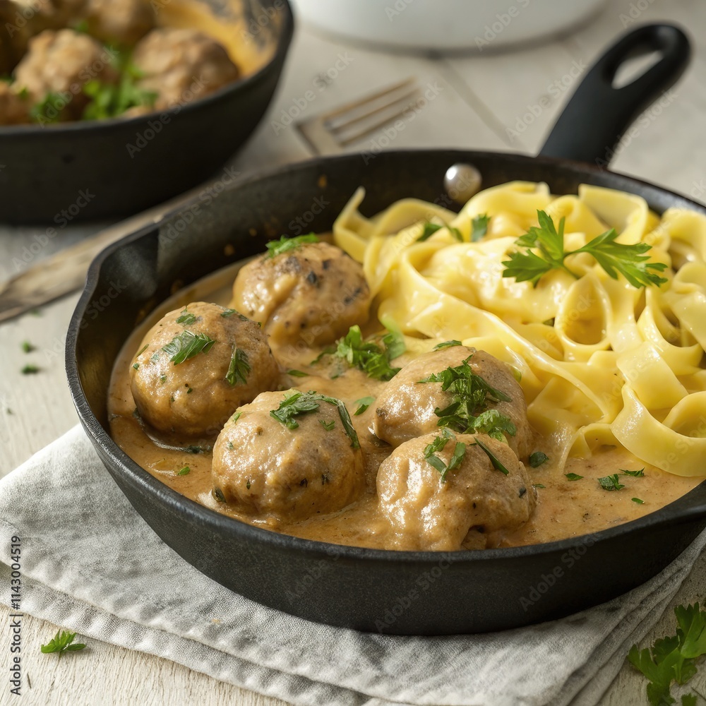Creamy Swedish Meatballs Served With Fresh Noodles in a Warm Skillet. Generative AI Creamy Swedish Meatballs Served With Fresh Noodles in a Warm Skillet. Generative AI