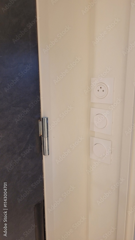 Bloc appareillage composé de 2 interrupteurs et d'une prise de courant, près d'une porte Bloc appareillage composé de 2 interrupteurs et d'une prise de courant, près d'une porte