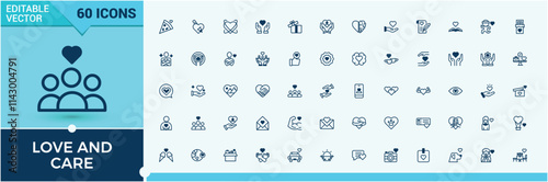 Love and care icon collection. Featuring heart, shape, romantic, people, simple and more. Thin outline icons pack. Solid line editable vector illustration.