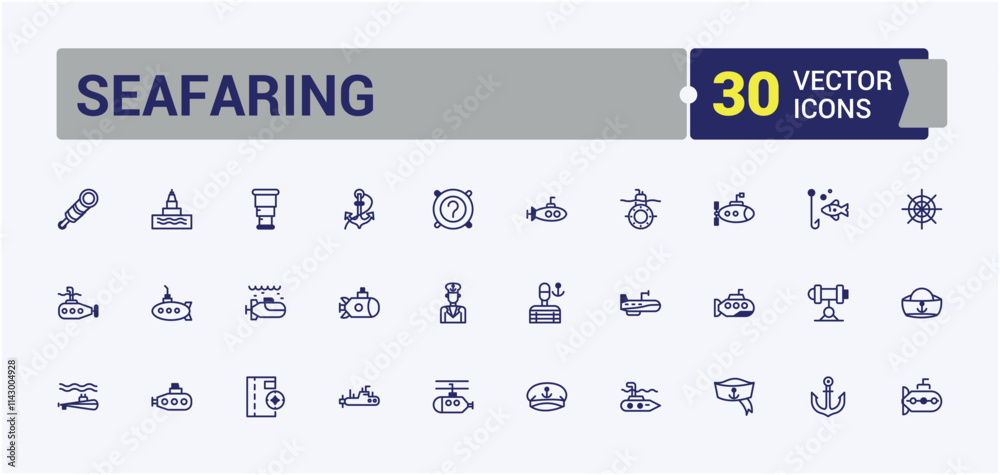 Seafaring vector line icon set. It contains symbols to oar, captain, boat, nautical, submarine, tower, fish, yacht. Set of line pictogram. Editable vector outline and solid icons. Seafaring vector line icon set. It contains symbols to oar, captain, boat, nautical, submarine, tower, fish, yacht. Set of line pictogram. Editable vector outline and solid icons.