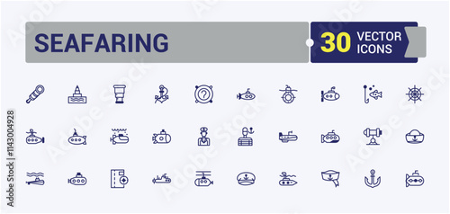 Seafaring vector line icon set. It contains symbols to oar, captain, boat, nautical, submarine, tower, fish, yacht. Set of line pictogram. Editable vector outline and solid icons.