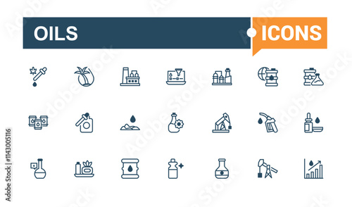 Oils vector line icon set. Icon aroma, gas, product, pump, plant, drill, fuel, petrol. Icons for UI. Editable vector outline and solid icons.