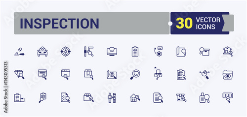 Inspection lined icons set. It contains symbols to research, approve, quality, app, control and more. Thin outline icons pack. Editable vector outline and solid icons.