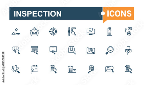 Inspection vector line icon set. Includes icons for air, report, checkmark, document, graphic, search, evaluation, inspection. Web icons. Vector line and solid icons.