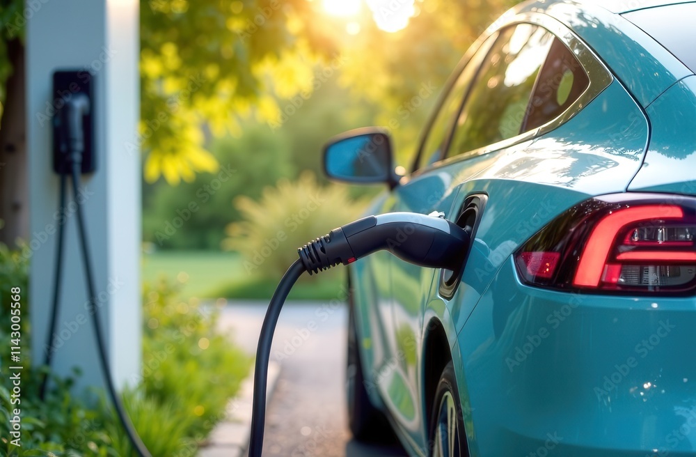 Electric car charging outdoors on a sunny day. Electric car charging outdoors on a sunny day.
