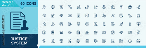 Justice System icons set in linear style. Related to authority, building, police, legal, crime, judgement and more. Minimalistic icon. Vector illustration in modern line style.
