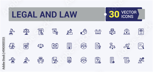 Legal And Law icon collection. Containing right, business, legal, law enforcement, Justice, judge, criminal, defense and more. Web icons. Editable vector outline and solid icons.