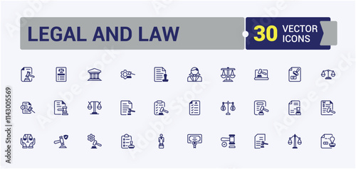 Legal And Law icon collection. Containing right, business, legal, law enforcement, Justice, judge, criminal, defense and more. Web icons. Editable vector outline and solid icons.