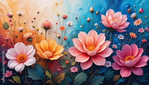 Image for springtime theme, banner, wall decoration. Fluid abstract expressionism, blooming flowers, Aesthetics colorful floral inspirational tenderness illustration, oil painting. 
