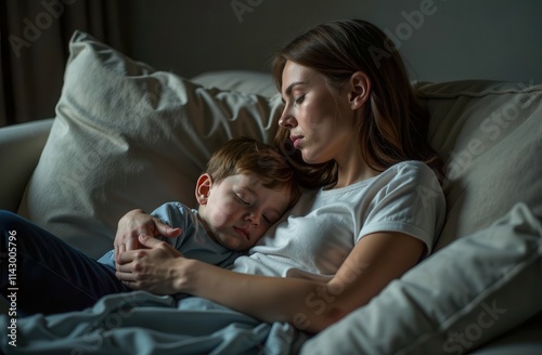 Mother and child sleeping on couch in soft lighting.