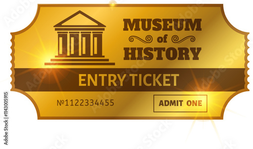 Golden entry ticket for a museum of history, featuring a classical building icon and admitting one person, evoking a sense of historical exploration and cultural experience