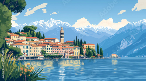 Illustration, Cityscape of Bellagio in Italy, touristic advertisement poster. Famous touristic must-see spot in Italy. Promotional touristic poster. Wonderful Italian town at lake Como.