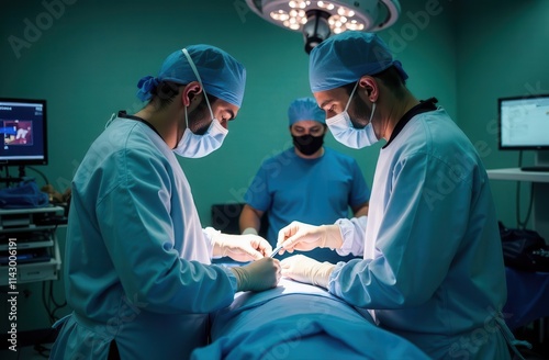 Surgical team performing operation under bright light in operating room. photo