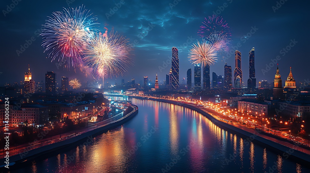 Fireworks explode over a cityscape at night, reflecting in a river. Fireworks explode over a cityscape at night, reflecting in a river.