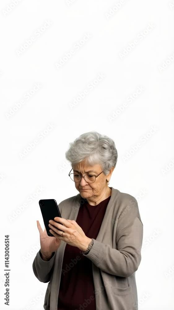 Worried Caucasian retired woman using smart phone and not understanding how to use it. White background with copy space Worried Caucasian retired woman using smart phone and not understanding how to use it. White background with copy space