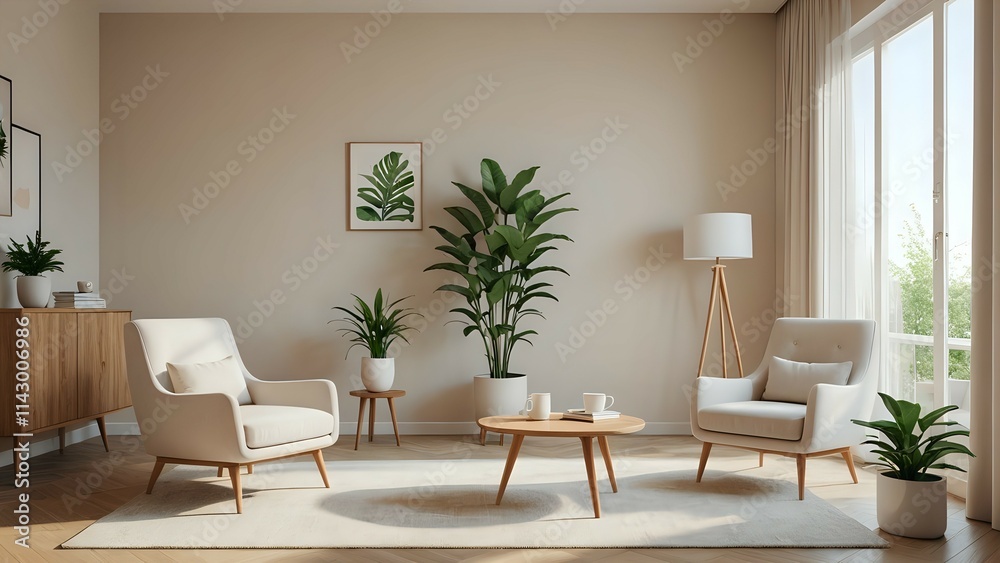 Fototapeta premium Minimalist living room with white sofa , cartoon 