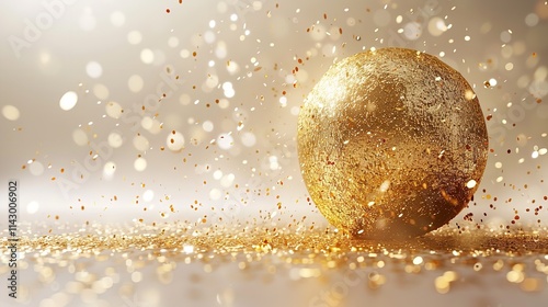 Golden glitter ball on shiny background, holiday decoration, Christmas ornament, festive sparkle, shimmering concept