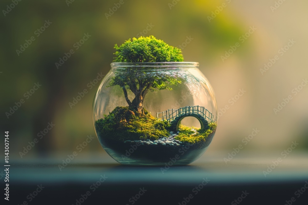 A bonsai tree and bridge miniature inside a clear glass bowl, capturing a whimsical, serene landscape under soft lighting. A bonsai tree and bridge miniature inside a clear glass bowl, capturing a whimsical, serene landscape under soft lighting.