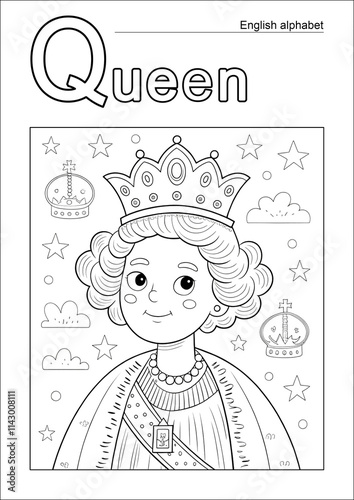 coloring page, English alphabet, letter Q with the image of the queen photo