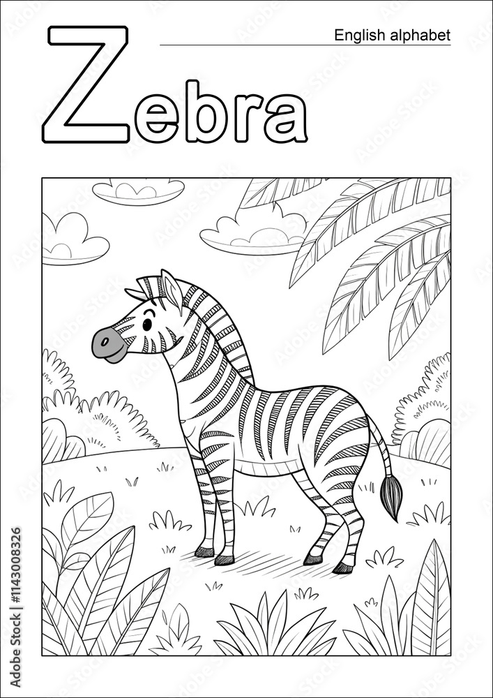 coloring page, English alphabet, letter Z with a zebra image coloring page, English alphabet, letter Z with a zebra image