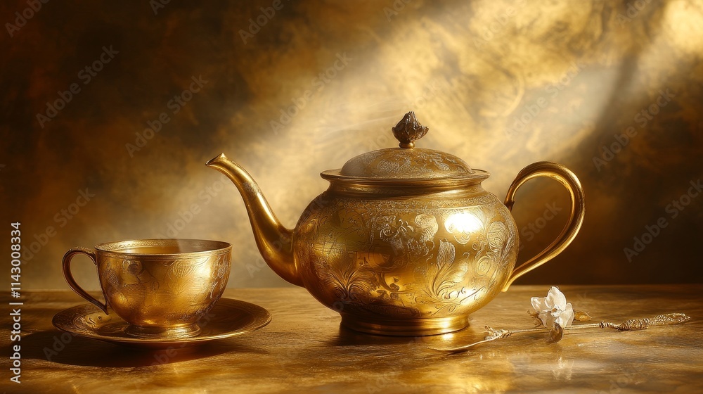Golden teapot and teacup sets add a touch of elegance to any tea time gathering. Golden teapot and teacup sets add a touch of elegance to any tea time gathering.