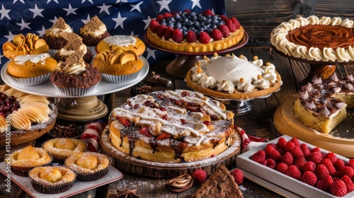 a table full of bake goods with a patriotic background