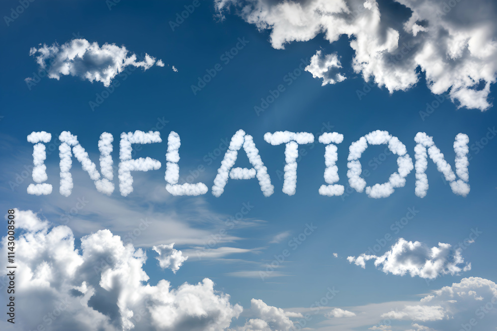 INFLATION forms with cloud letters in blue sky, surrounded by white wisps INFLATION forms with cloud letters in blue sky, surrounded by white wisps