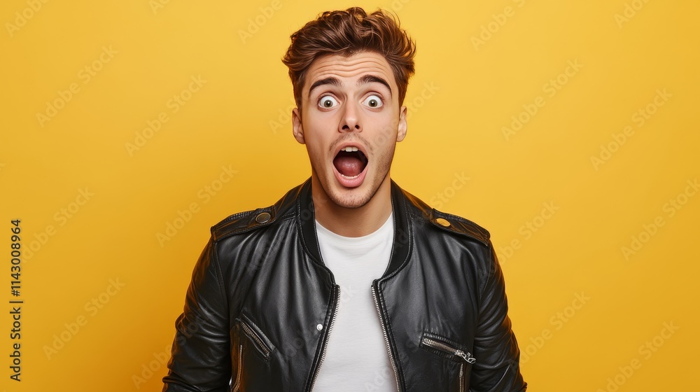 Handsome young man in a leather jacket stands on a yellow background, looking shocked. Concept: Sincere emotions, lifestyle, advertising. Handsome young man in a leather jacket stands on a yellow background, looking shocked. Concept: Sincere emotions, lifestyle, advertising.