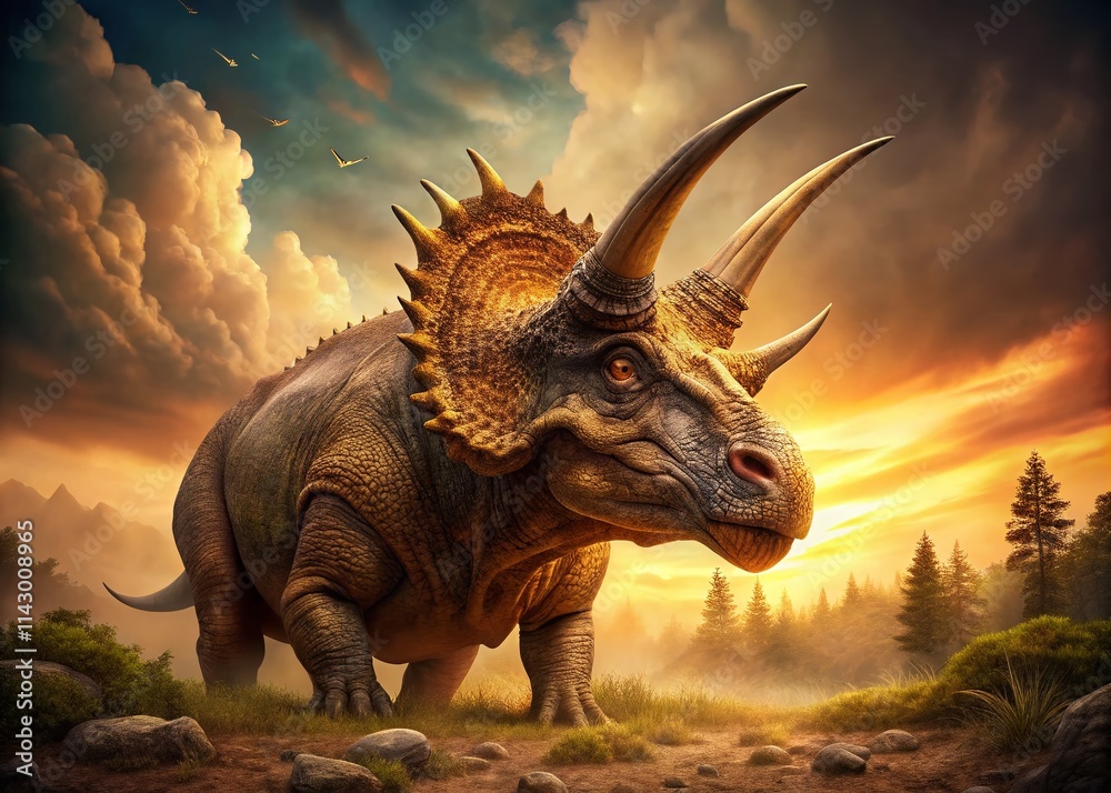 Fototapeta premium Vintage Triceratops Dinosaur Illustration, Retro Prehistoric Reptile Art, Stylized Jurassic Creature