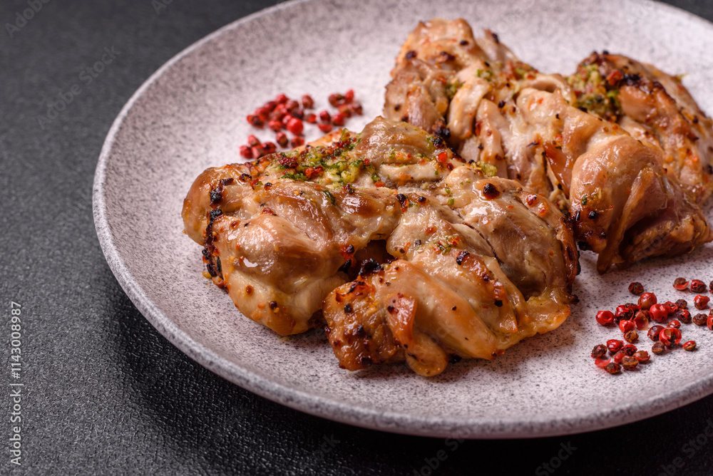 Grilled boneless chicken thigh with salt, spices and herbs Grilled boneless chicken thigh with salt, spices and herbs