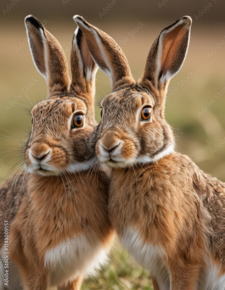 Obraz premium Two brown rabbits close together in a natural setting.