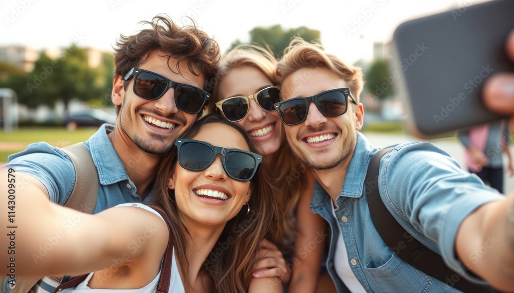Four young adults take selfie outdoors. Wearing sunglasses, smiling happily. Likely friends, enjoying fun day out. Setting suggests urban environment city center. Moment of joy, friendship, Four young adults take selfie outdoors. Wearing sunglasses, smiling happily. Likely friends, enjoying fun day out. Setting suggests urban environment city center. Moment of joy, friendship,