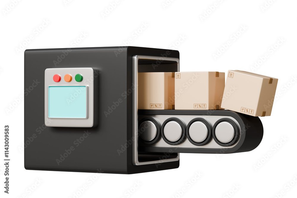 3D Conveyor belt roller with cardboard or parcel box icon isolated on transparent background Minimal Cartoon Empty conveyor belt icon. Logistics manufacturing and Factory industrial Concept. 3d render 3D Conveyor belt roller with cardboard or parcel box icon isolated on transparent background Minimal Cartoon Empty conveyor belt icon. Logistics manufacturing and Factory industrial Concept. 3d render