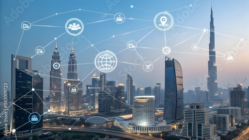 A futuristic cityscape with a network of interconnected icons overlaying it.
