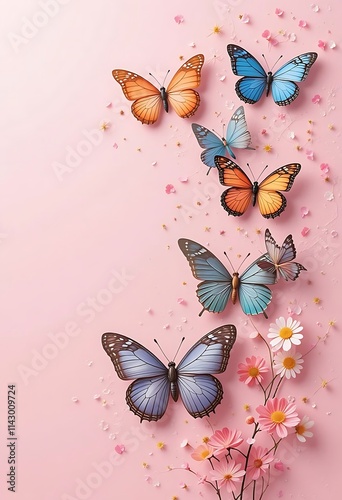 Springtime theme greeting card. Colorful butterflies on light pink background