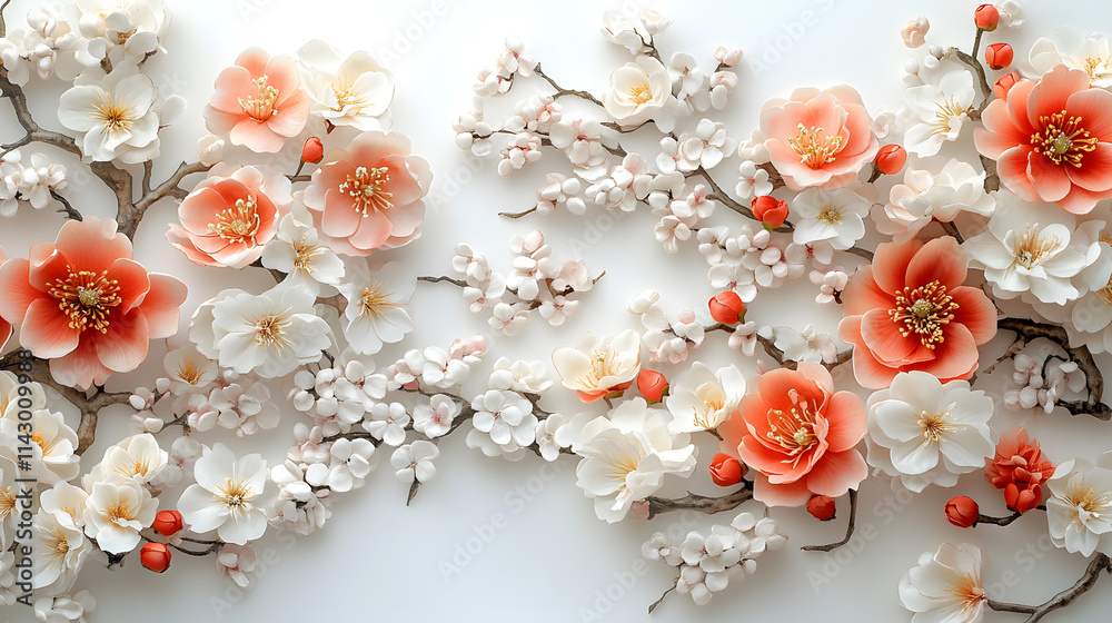 A Serene Display of Japanese Flowers Against a Pristine White Background That Evokes Tranquility and Beauty A Serene Display of Japanese Flowers Against a Pristine White Background That Evokes Tranquility and Beauty