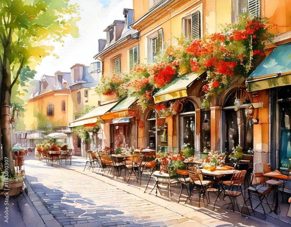 Obraz premium Charming watercolor European street café with outdoor seating and flower boxes