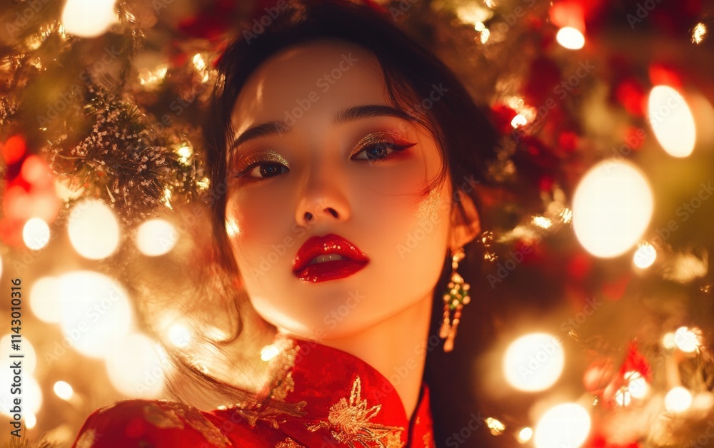A Chinese woman in a vibrant red qipao with metallic gold eyeshadow and glossy red lips, framed by glowing fairy lights and decorations A Chinese woman in a vibrant red qipao with metallic gold eyeshadow and glossy red lips, framed by glowing fairy lights and decorations