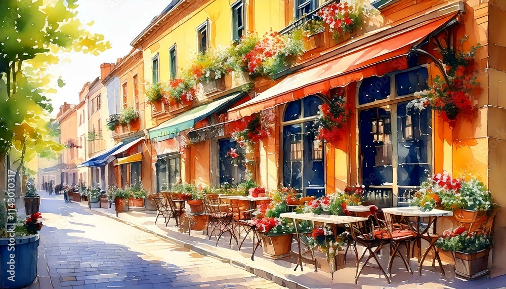 Fototapeta premium Charming watercolor European street café with outdoor seating and flower boxes