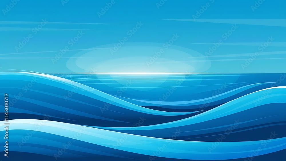 Vibrant and Stylized Ocean Scene Depicting Rolling Waves in Shades of Blue, a Clear Horizon Line, and a Gradient Sky Transitioning from Deep Blue to Light Blue with Subtle Vibrant and Stylized Ocean Scene Depicting Rolling Waves in Shades of Blue, a Clear Horizon Line, and a Gradient Sky Transitioning from Deep Blue to Light Blue with Subtle