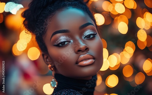 A chic African woman with glittery silver eyeshadow and soft peach lips, set against a glowing Christmas market scene